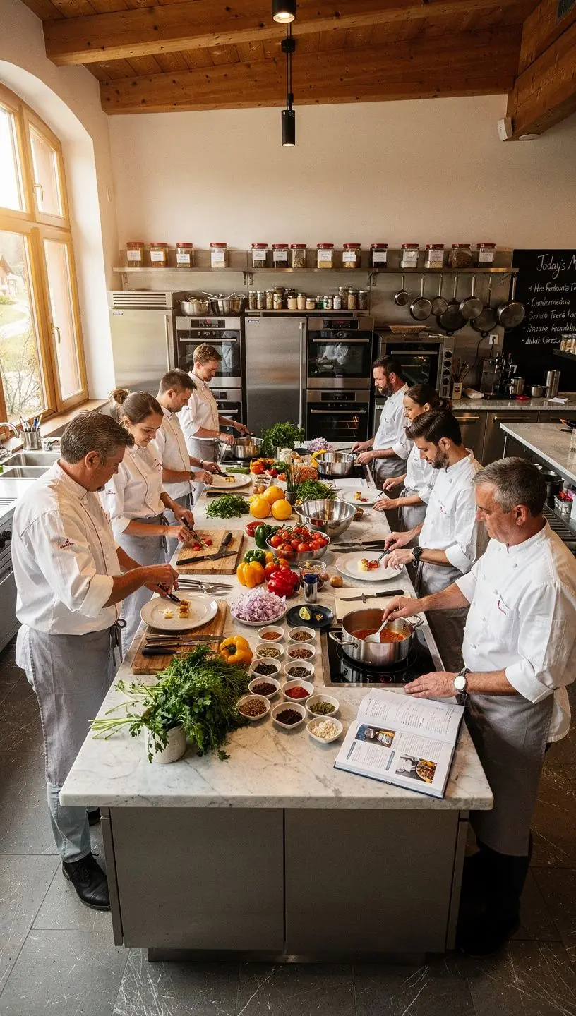 Farbenfrohe Gewürze und frisches Gemüse auf einem Holztisch für ein asiatisches Gericht.