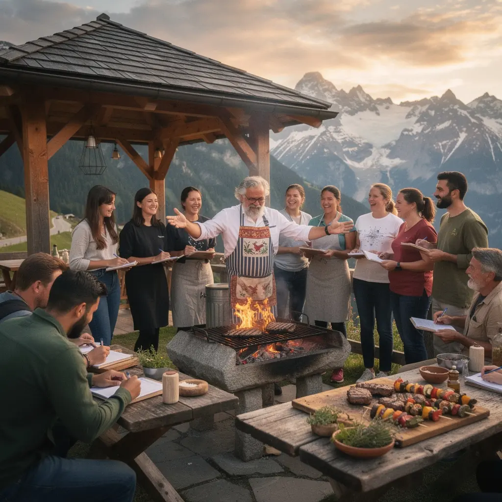 Eine Gruppe von Schülern, die unter Anleitung eines Küchenchefs italienische Pasta herstellen.