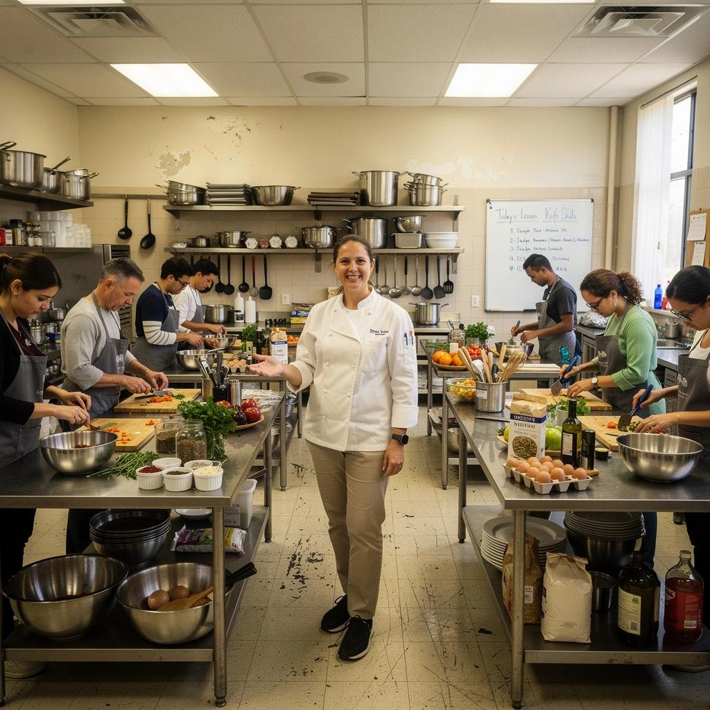 Ein Tisch voller internationaler Kochbücher und Zutaten aus aller Welt.